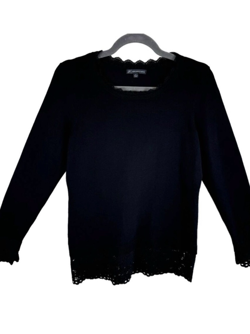Adrianna Papell Black Long Sleeve Lace Trim Lightweight Tight Knit Sweater Sz S